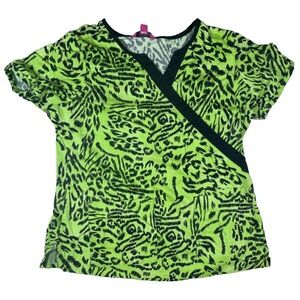 Beyond Scrubs Women's Scrub Shirt Size Large Green & Black Leopard & Tiger Print
